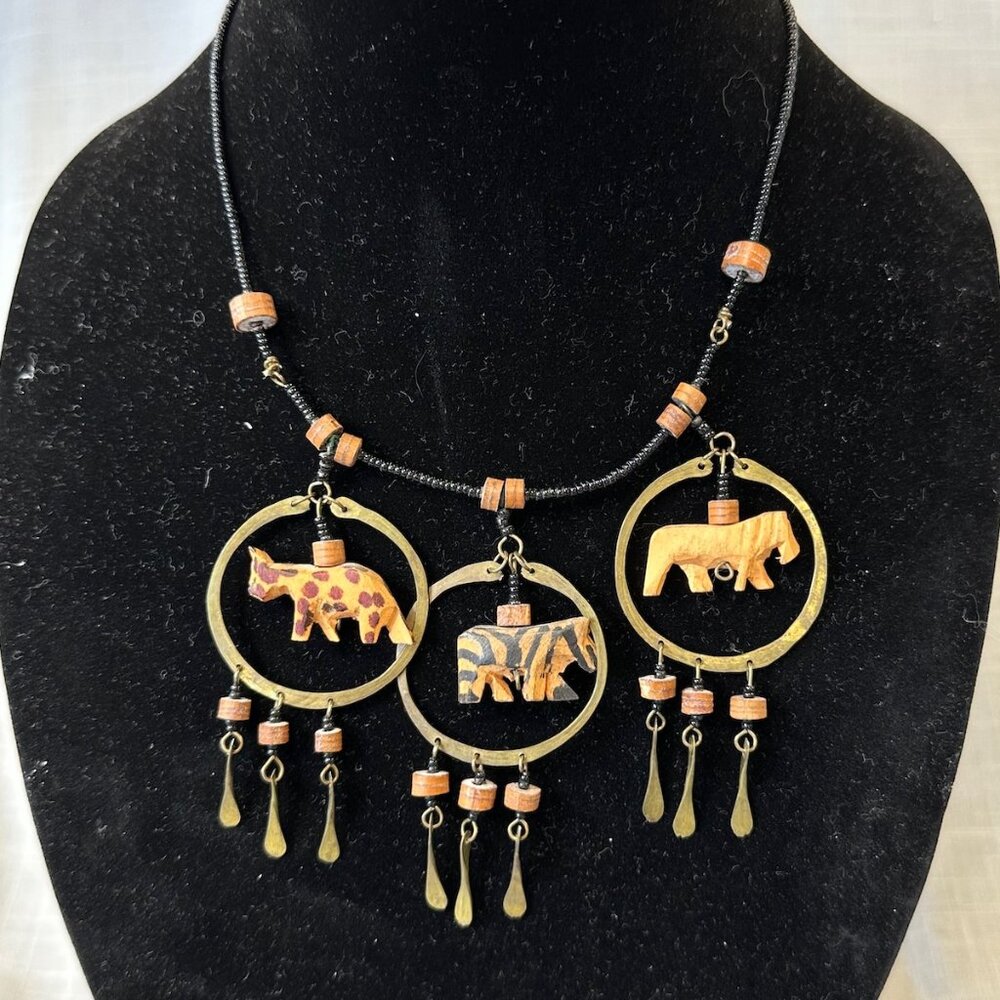 Vintage African Carved Safari Animals Beaded Necklace